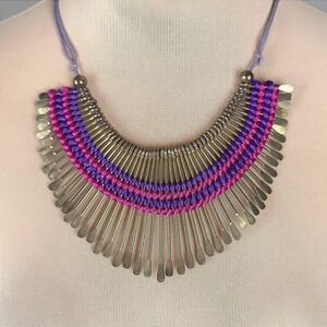 Statement Bib Necklace Fringe Beaded Gold Tone Purple Pink Cord